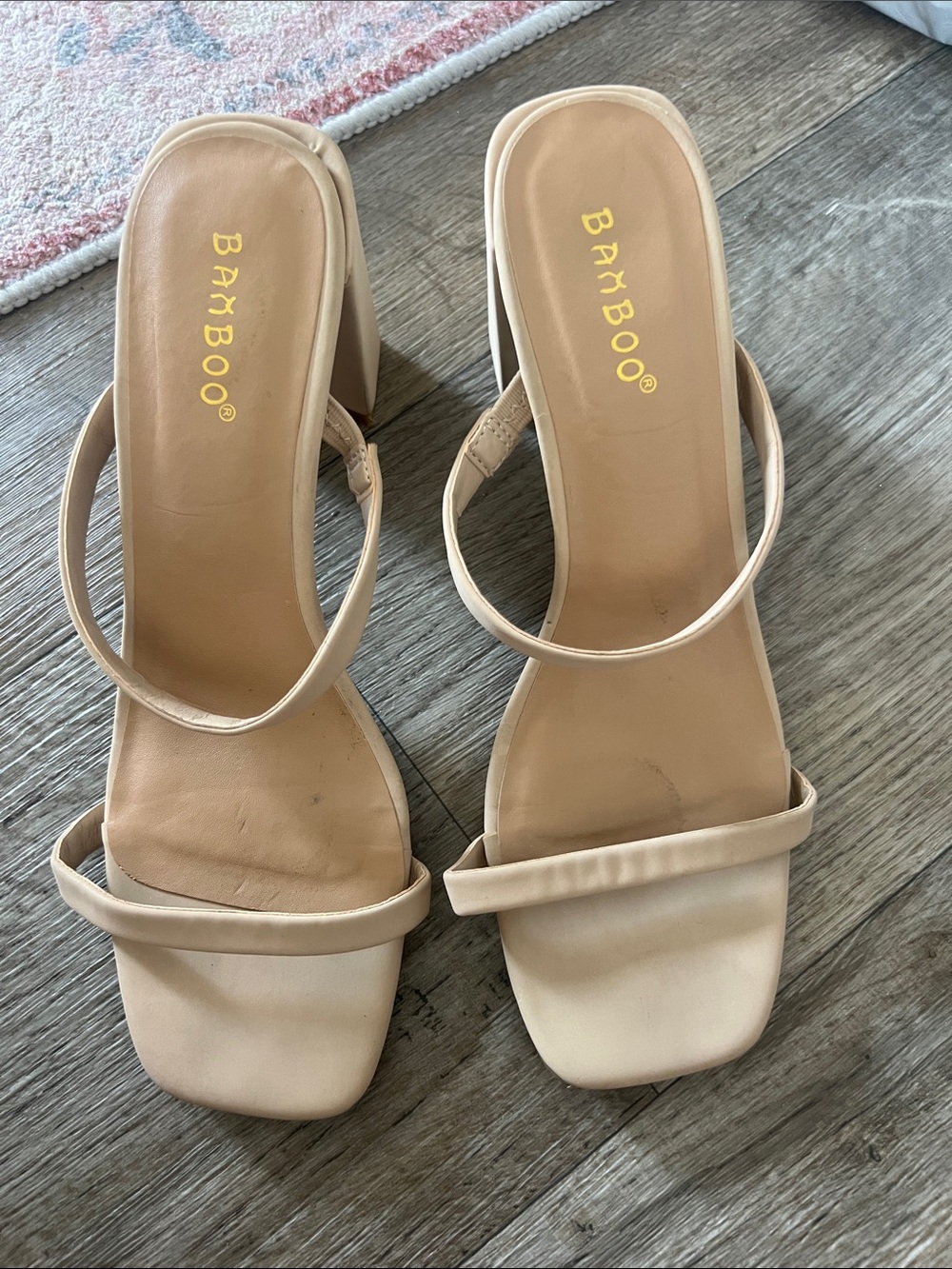 BAMBOO Beige Strappy Square-Toe Block Heels